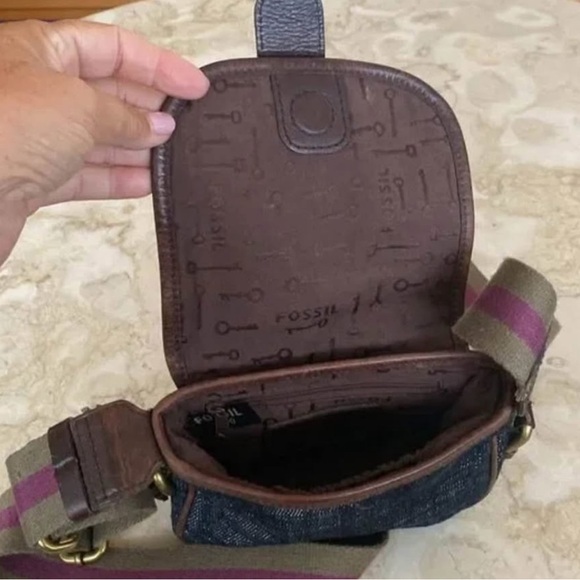 Fossil Mini Dark Wash Denim Crossbody Bag w/ Brown Leather Trim & Brass Details - Picture 6 of 8
